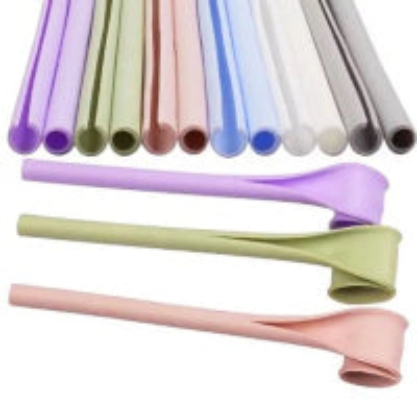 Set of colorful silicone straws on a white background