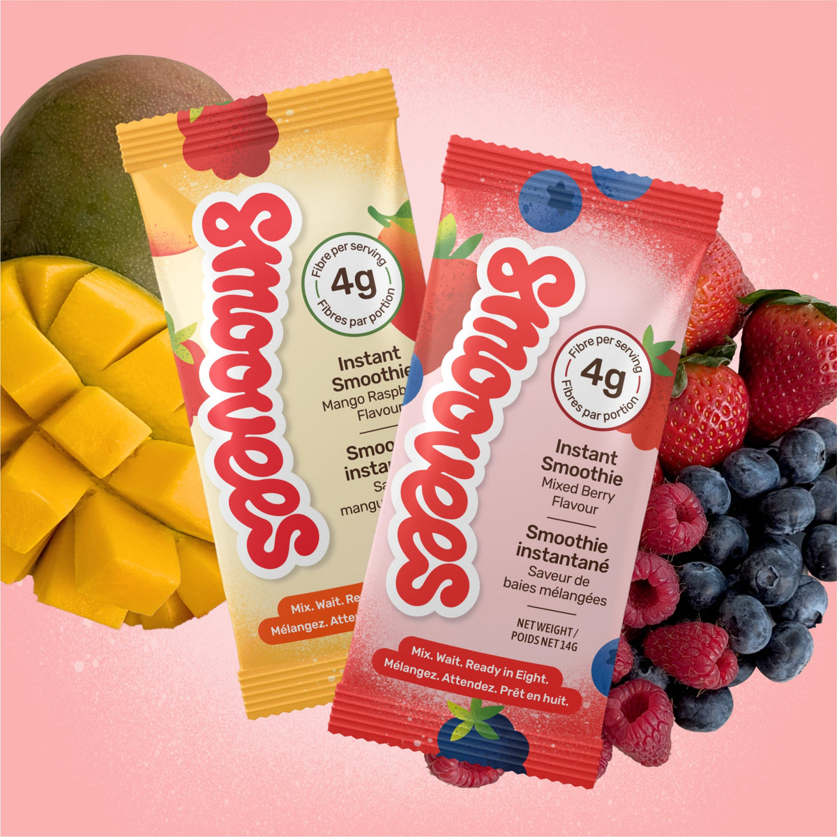 Mango Raspberry and Mixed Berry Smoovees sachets with fresh mango, strawberries and blueberries